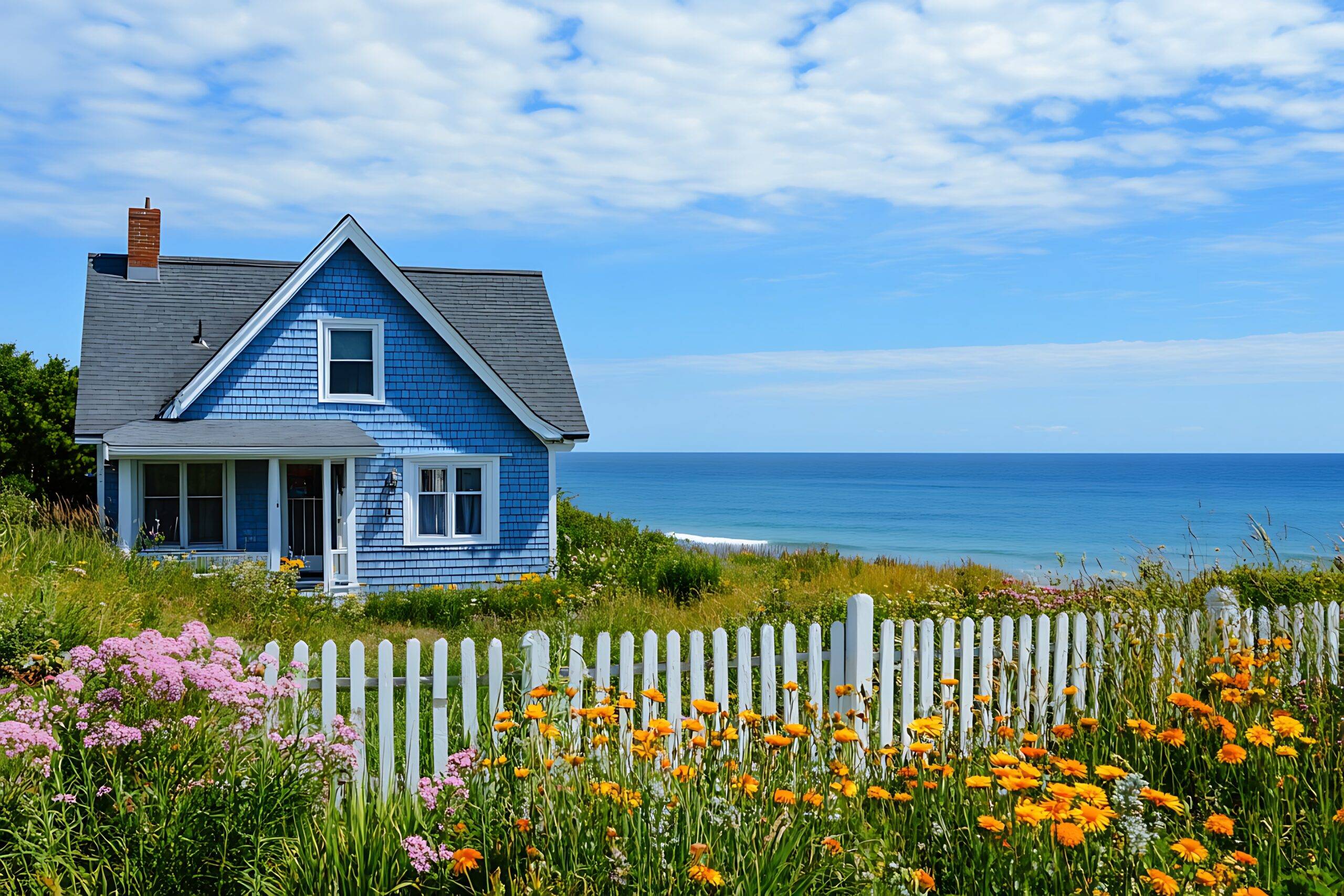 A Quaint Beach House With A Picket Fence And Wildflowers Along The Shore
